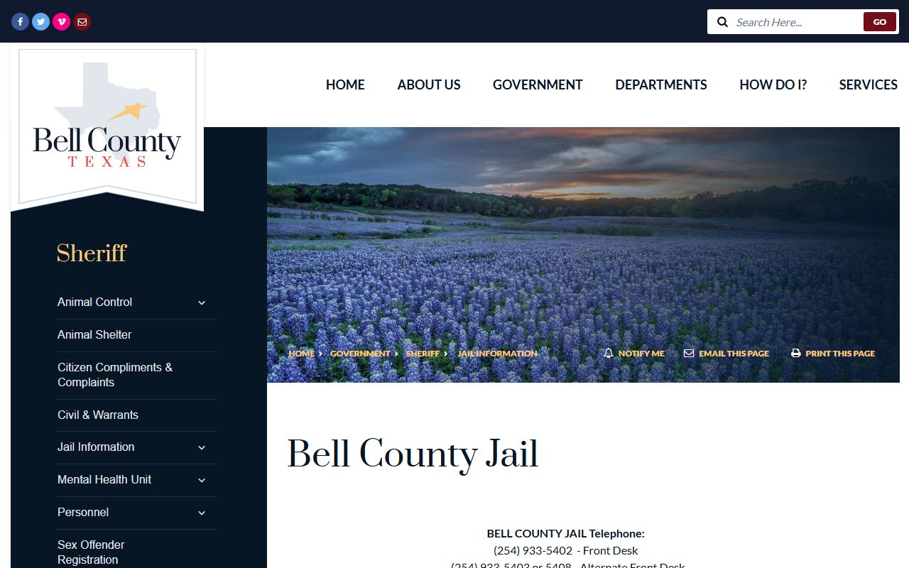 Bell County Jail information page for inmate roster and custody services