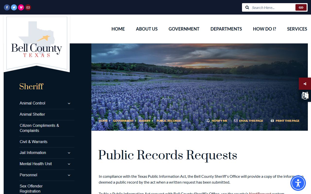 Bell County inmate records public records instructions